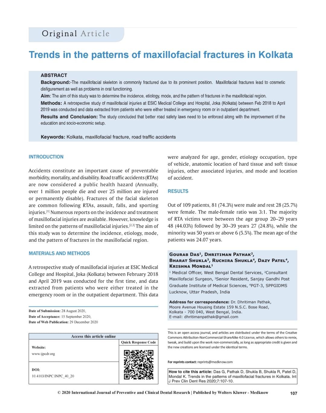 Trends in the patterns of maxillofacial features in Kolkata certificate