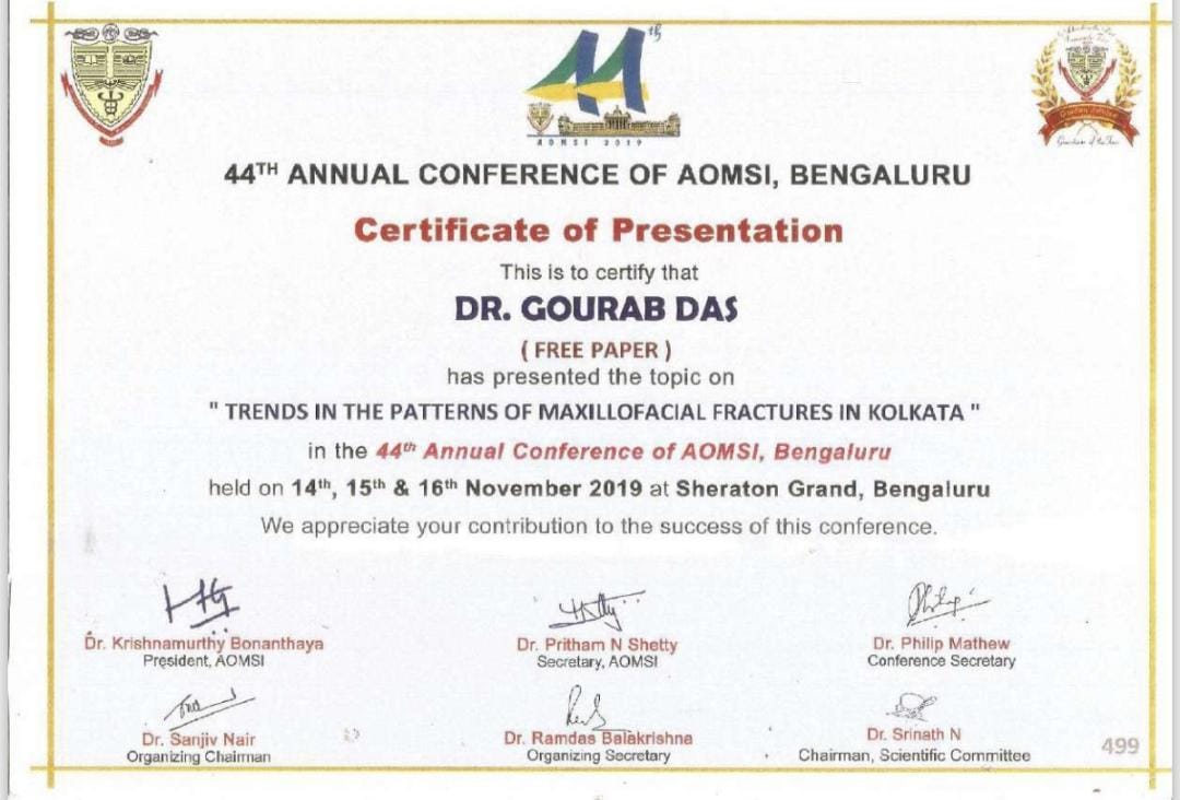 44ᵗʰ Annual Conference OF AOMSI, BENGALURU certificate