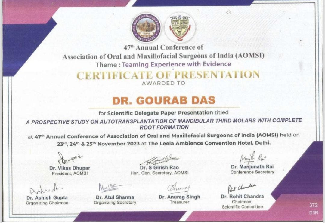 47ᵗʰ Annual Conference of Association of Oral and Maxillofacial Surgeons of India (AOMSI) certificate